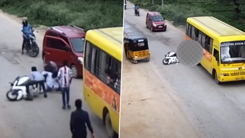 Horrifying Accident Video: Youth Crushed Under Bus Tyre After Bike Slips, Cyberabad Police Share Footage With Message on Importance of Helmet