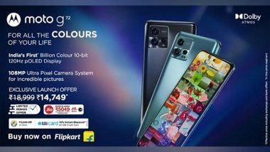 Business News | Moto G72, India's First 10-Bit Billion Colour 120Hz POLED Display Smartphone, Goes on Sale Today from 12pm on Flipkart