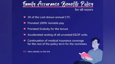 Business News | Razorpay Extends Unwavering Support to Employees and Their Families, Introduces 'Family Assurance Benefits Policy'