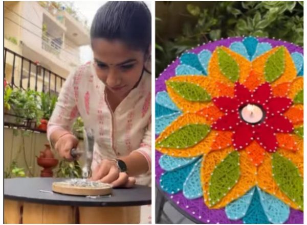 Viral Diwali 2022 Rangoli Design: Watch Delhi Woman Make Unique Rangoli Pattern With Threads and Nails