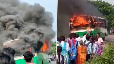 Andhra Pradesh: Narrow Escape For 60 Passengers As APSRTC Bus Catches Near Ventrapragada, Alert Driver Helps Avert Major Tragedy (Video)