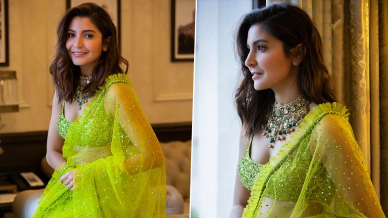 Anushka Sharma's Neon Green Saree by Sabyasachi for Diwali Celebration Is Pure Eleganza! (View Pics)