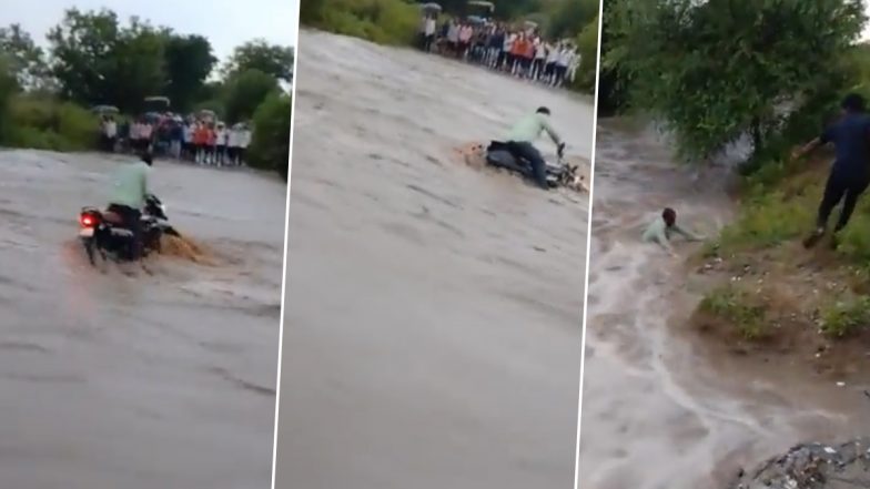 Video: Biker Escapes From Being Washed Away While Trying To Cross Bridge As River Overflows in Maharashtra’s Beed