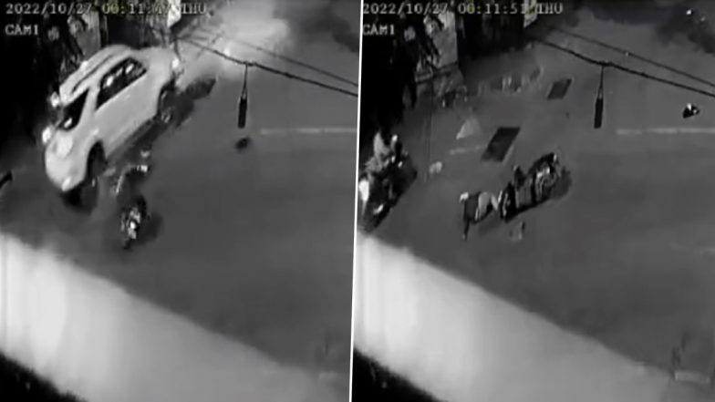 Mumbai Shocker: Speeding Biker Hits Moving Car in Chembur, Horrific Video Caught on CCTV