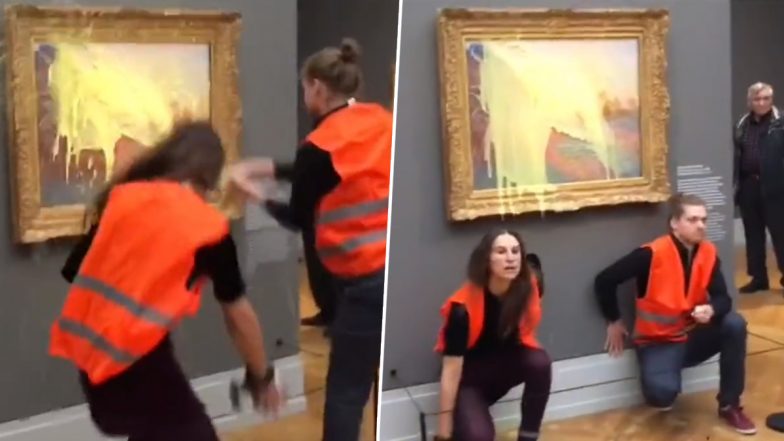 Claude Monet’s ‘Les Meules’ Painting Vandalised at Germany Museum, Anti-Oil Protesters Throw Mashed Potatoes on Iconic Portrait (Watch Video)