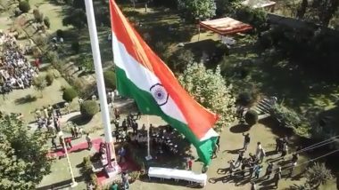 Jammu and Kashmir: 108-Feet High National Flag Hoisted at Langate Park in Handwara (Watch Video)