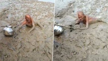 Video: Elderly Man Goes To Fill Water, Gets Caught in Mud Along Ken River Bank in UP's Hamirpur