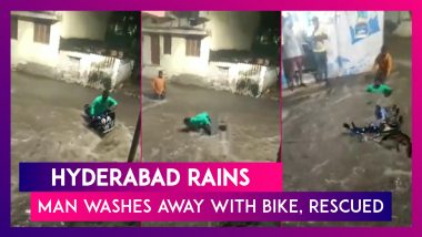 Hyderabad Rains: Man Washes Away With Bike In Floodwater Amid Heavy Rains, Rescued Just In Time