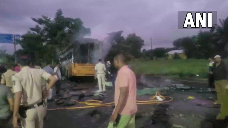 Nashik Bus Fire Accident Videos: Blaze Erupts in Bus After Collision With Container on Aurangabad Road, 12 Killed