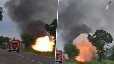 Video: Massive Blaze Erupts After Truck Carrying Gas Cylinders Overturns in Nashik’s Manmad; No Casualty Reported