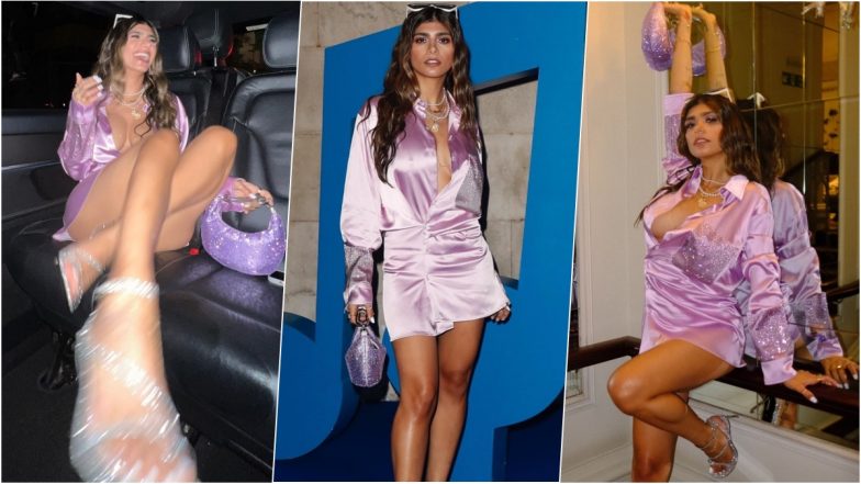 Mia Khalifa Shows Off Cleavage and Thunder Thighs in Unbuttoned Satin Shirt Dress, Enjoys Night Out in London (View Pics)