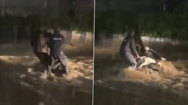 Video: Two Men Try To Save Scooter From Getting Washed Away After Heavy Rainfall Leads to Waterlogging in Pune