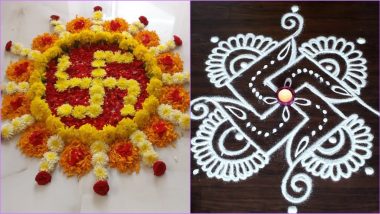 Quick Diwali 2022 Rangoli Designs With Marigold Flowers and Swastik Kolam Designs With Dots To Decorate Your House for Shubh Deepawali (Watch Videos)