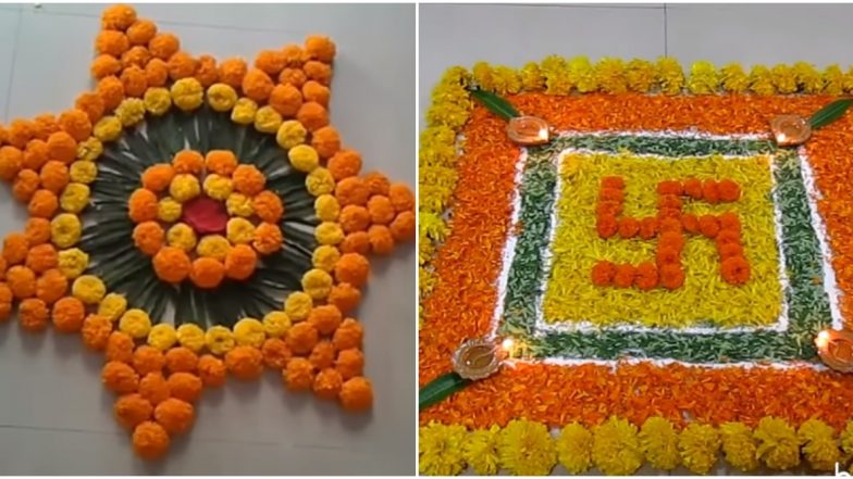 Diwali 2022 Rangoli Designs With Flowers: Beautiful Deepavali Rangoli Patterns With Marigold Flowers To Decorate Your Home This Festive Season Tastefully (Watch Videos)