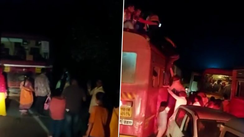 Video: Angry Devotees Create Ruckus Near Saptashrungi Temple in Nashik Over Lack of Bus Services, Passengers Seen Travelling on Rooftops of Buses