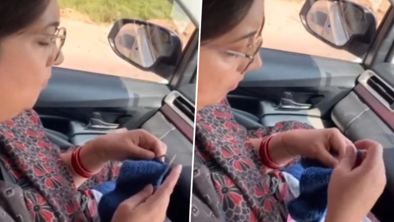 Smriti Irani Enjoys Knitting in Car After Being Stuck in Traffic Jam Between Lucknow and Kanpur (Watch Video)