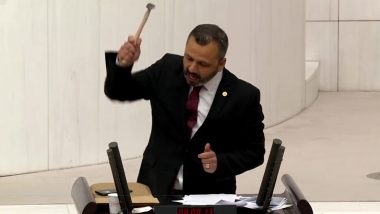 Video: Turkish Lawmaker Burak Erbay Smashes Phone with Hammer During Speech in Parliament to Protest Against Disinformation and Social Media Bill