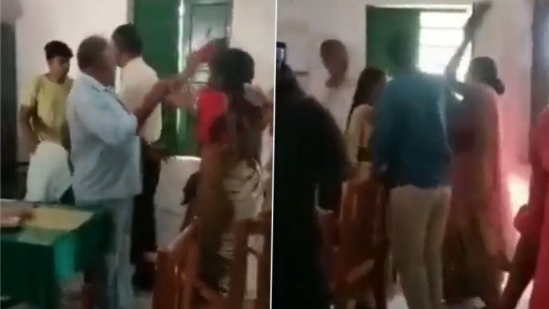 Viral Video: School Teacher Accused of Molesting Girls Beaten Up by Women With Slippers and Shoes in UP's Azamgarh