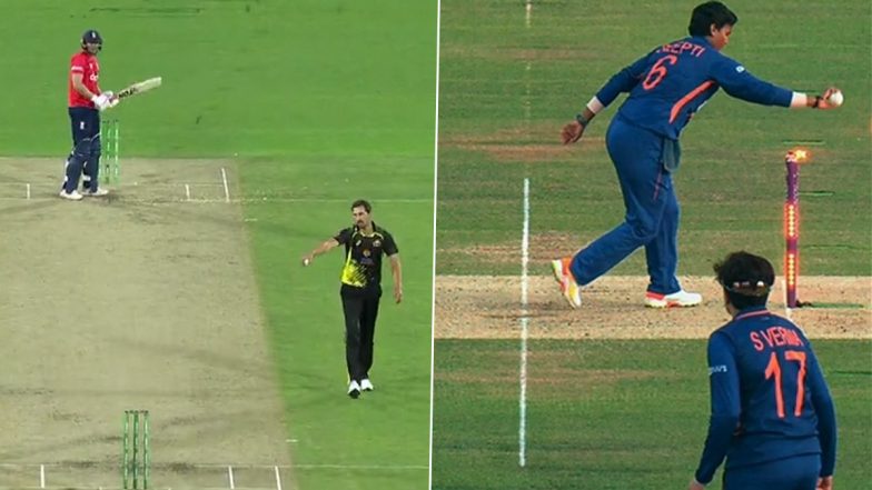 Mitchell Starc Threatens To Run Out Jos Buttler at Non-Striker’s End During AUS vs ENG 3rd T20I 2022, Says, ‘I’m Not Deepti but I Won’t Do It’ (Watch Video)