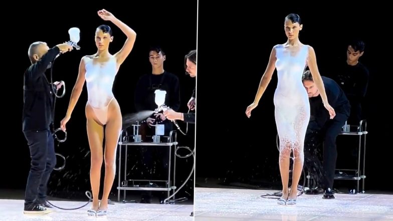 Bella Hadid Closes Coperni Spring 2023 Collection in Paris Dressed With Spray-Paint on Her Body