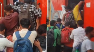 Video: Passengers Crammed Into Jam-Packed Railway Coaches in Moradabad Amid Massive Rush of UPPET Candidates at Stations Across Uttar Pradesh