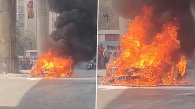 Mumbai Car Fire: BMW Engulfs in Blaze at Andheri’s Lokhandwala Circle (Watch Video)
