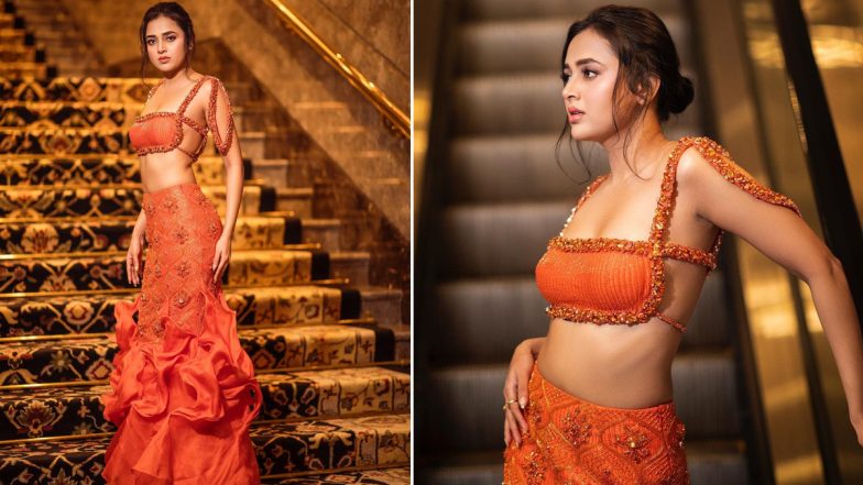 Tejasswi Prakash Oozes Glamour in a Fiery Orange Outfit, Actress Beautifully Balances Contemporary-Traditional Look (View Pics)