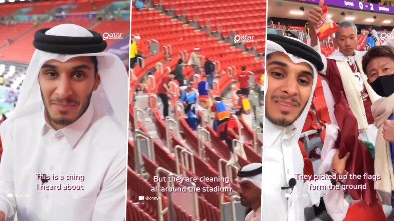 Watch: Japanese Fans Clean Garbage After Crowd Left at Doha's Stadium During FIFA World Cup 2022 Opener; Video Goes Viral, Impresses Netizens