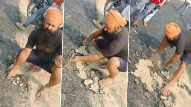 Viral Video: Man Peels Off Poorly Constructed Road Built At Cost Of Rs 3 Crores in UP's Pilibhit With Bare Hands