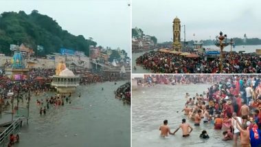 Kartik Purnima 2022 Ganga Snan: Devotees Take Holy Bath in Ganges River in Haridwar (Watch Video)