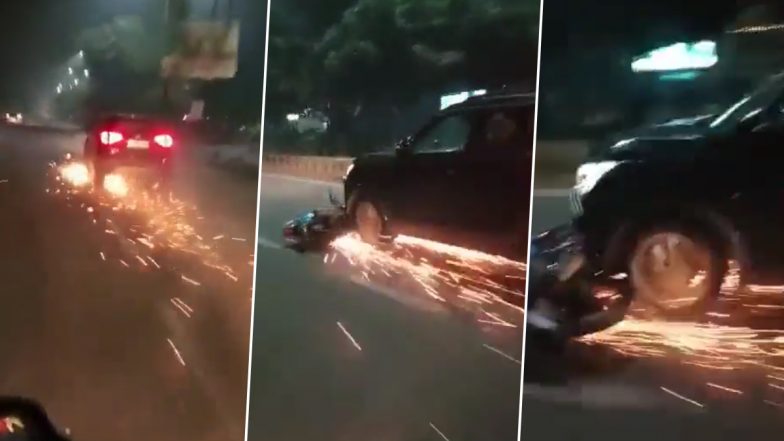 Ghaziabad Shocker: Car Drags Bike For One Kilometre, Sparks Seen Flying in Terrifying Video; Driver Arrested