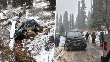 Jammu and Kashmir Road Accident: 6 Injured As Car Crashes Due to Overspeeding on Snow-Covered Gulmarg-Butapathri Road, Rescued After Six Hours