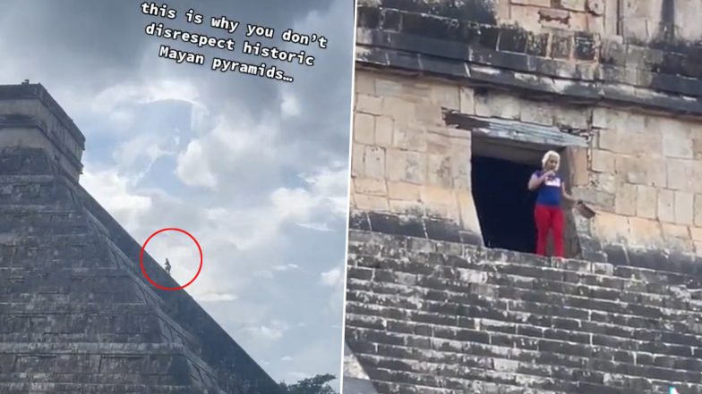 Angry Mob Attacks and Throws Water Bottles At Female Tourist After She Climbs Ancient Mayan Pyramid in Mexico; Watch Viral Video