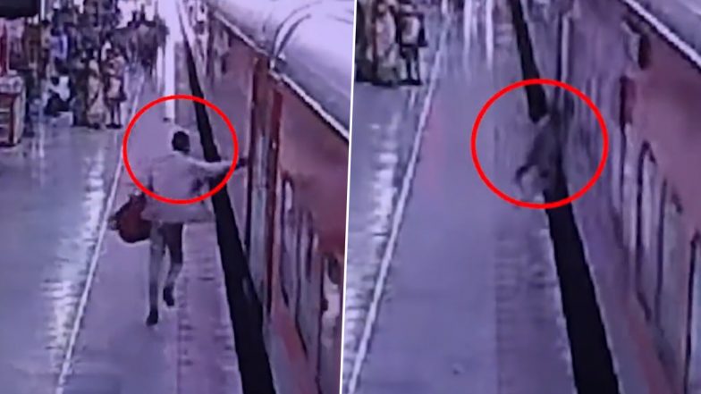 Viral Video: Passenger Falls Into Gap Between Moving Train and Platform, Escapes Death Thanks To Alert RPF Jawan