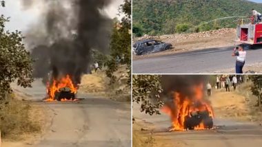 Video: Moving Car Catches Fire in Udaipur’s Jhadol, Occupants Escape Unhurt