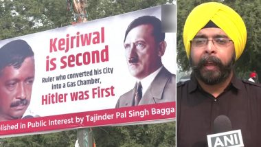 Delhi: Poster Comparing Arvind Kejriwal to Adolf Hitler Put Up by BJP Leader Tajinder Pal Singh Bagga Outside Party’s Headquarters (See Pics)