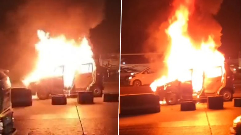 Video: Car Catches Fire Near Vashi Toll Plaza in Navi Mumbai, No Injuries Reported