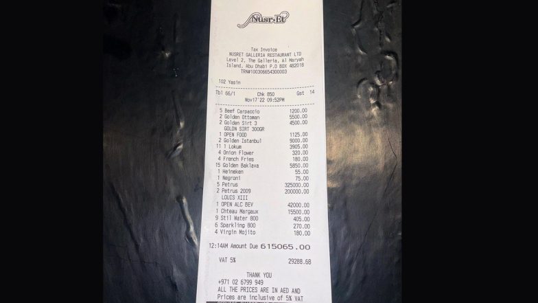 Salt Bae Aka Nusr-Et Shares Photo of Whopping Rs 1.36 Crore Bill From His Abu Dhabi Restaurant, Unamused Netizens Slam Turkish Chef Over Excessive Pricing