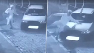Murder Attempt Caught on Camera: Car Driver Tries to Mow Down Juma Masjid Imam in Kerala's Kollam, CCTV Video Goes Viral