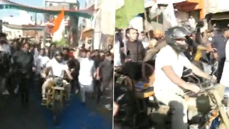 Rahul Gandhi Rides Motorbike During Bharat Jodo Yatra in Madhya Pradesh’s Mhow (Watch Video)