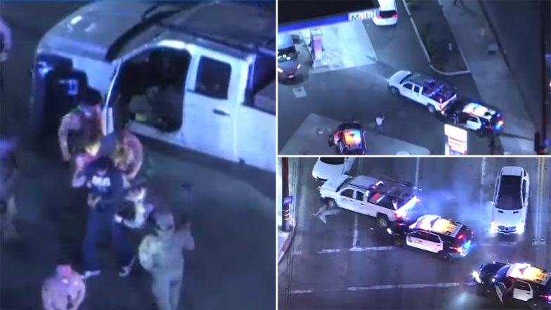 Video: Wild Police Chase in US Caught on Live TV; Driver Carjacks Truck After Leading Pursuit in Two Other Vehicles, Crashes Into Gas Station