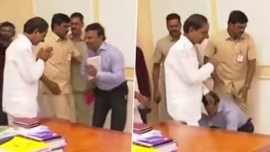 Telangana Public Health Official Srinivasa Rao Touches CM K Chandrasekhar Rao’s Feet, Triggers Row (Watch Video)