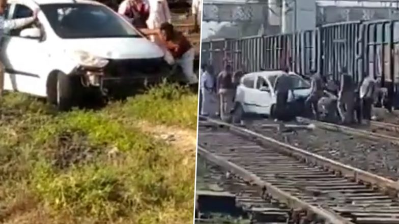 Viral Video: Car Gets Stuck on Railways Tracks in Maharashtra's Amravati After Driver Accidentally Steps on Accelerator