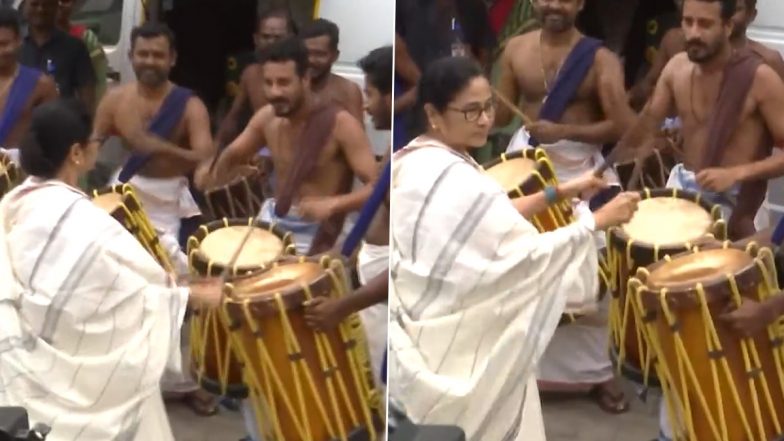 Video: Mamata Banerjee Plays a Drum as She Arrives at the Family Function of West Bengal Governor La Ganeshan in Chennai