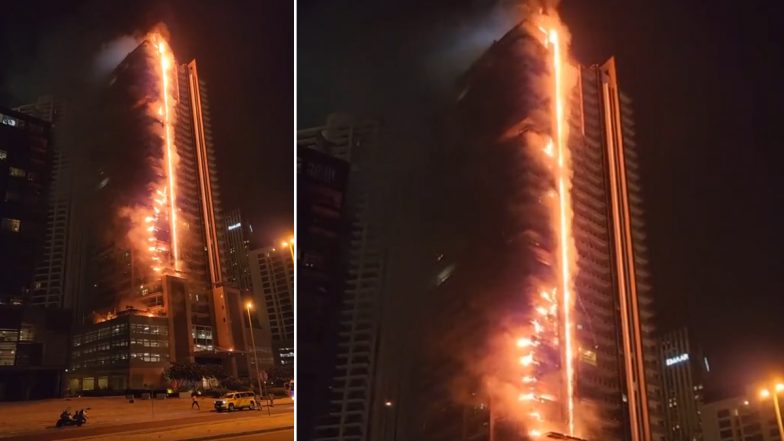 Dubai Fire: Massive Blaze Erupts at 35-Storey High-Rise Building Near Burj Khalifa (Watch Video)