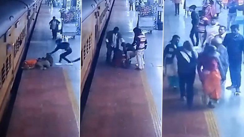 Video: Elderly Woman Slips While Boarding Train in Mumbai, Railway Cop Comes to Her Rescue