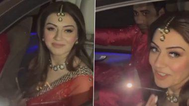 Hansika Motwani Looks Gorg in Red Saree for Mata Ki Chowki Ahead of Her Wedding With Sohael Khaturiya (Watch Video)