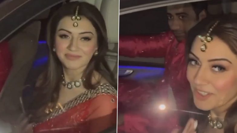 Hansika Motwani Looks Gorg in Red Saree for Mata Ki Chowki Ahead of Her Wedding With Sohael Khaturiya (Watch Video)