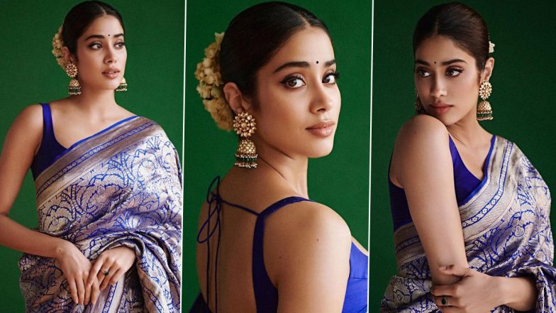 Janhvi Kapoor Stuns in Blue Kanjivaram Saree With Sleeveless Blouse as She Promotes Mili in Hyderabad (View Pics)