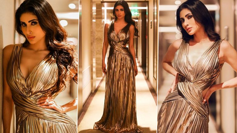 Mouni Roy Oozes Oomph in Sexy Golden Metallic Dress With Plunging ...